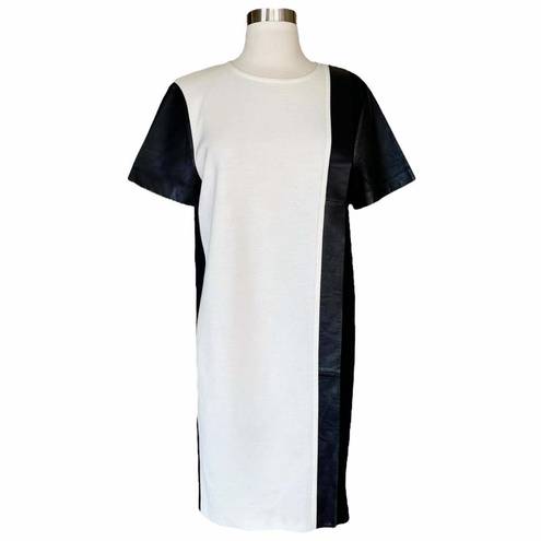 St. John  Black Milano Knit Colorblock Dress Leather Caviar / Cream Short Sleeves