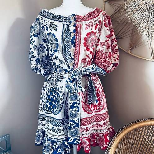 Farm Rio NWT  Mixed Pineapple Garden Linen Blend Red & Blue Tie Waist Mini Dress