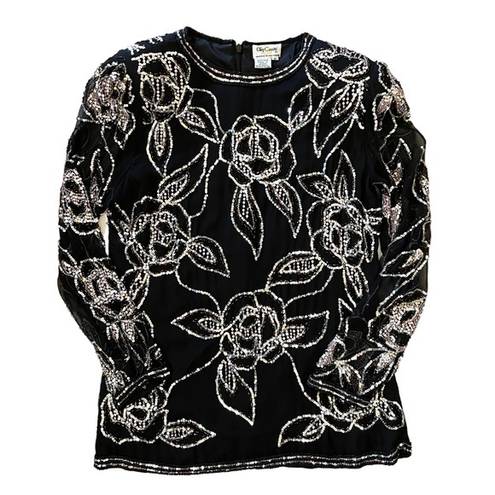 Oleg Cassini Authentic  Vintage Beaded Black Silk Floral Top Blouse