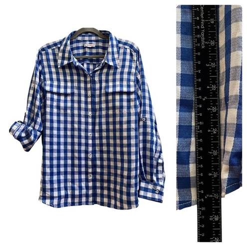 Isaac Mizrahi  Live Blue White Gingham Print Roll Tab Sleeve Button Shirt Size 16