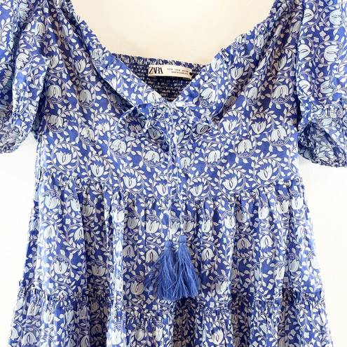 ZARA  Floral Ballon Short Puff Sleeve Mini Sundress Blue White Medium