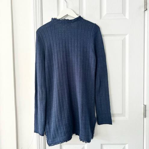 CAbi  Navy Blue Duchess Speckled Confetti Hook Closure Fringe Trim Long Cardigan