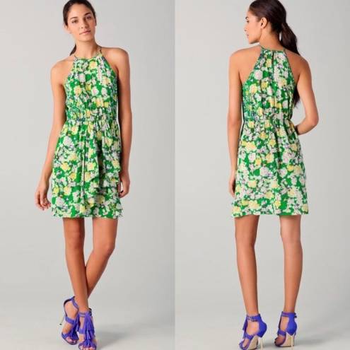 Rebecca Taylor  2 Silk Mini Dress XS Green Garden Floral Sleeveless Flutter