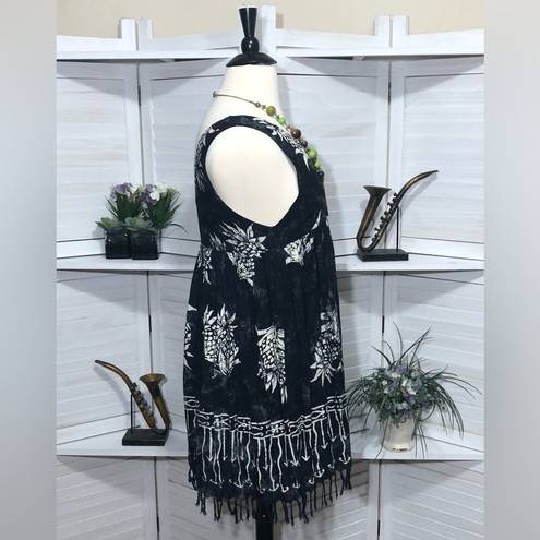 The Moon Pineapple hippie boho white navy blue floral fringes lightweight dress L