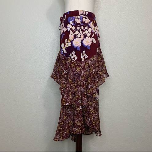 Mossimo Burgundy Floral Ruffle Midi Skirt Size M