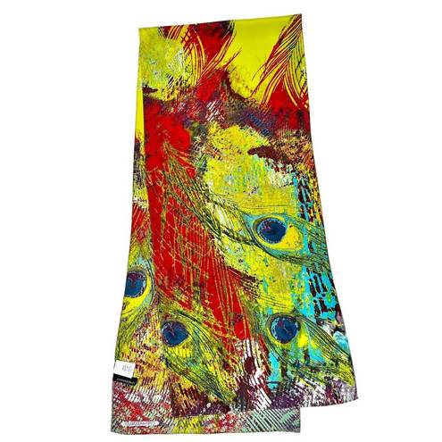 Cynthia Rowley 100% Silk Vibrant Colorful Peacock Feather Print Scarf 64” x 14”