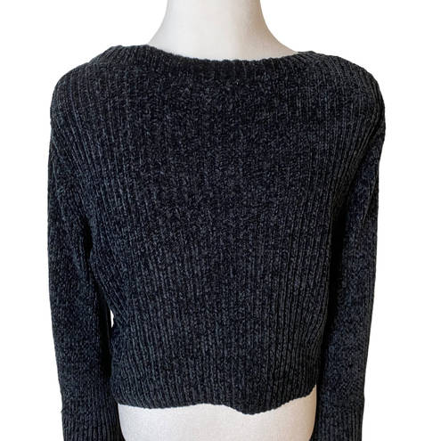 Lovers + Friends  Sweater Cropped Chenille Tie Bell Sleeve Scoop Neck Black Small