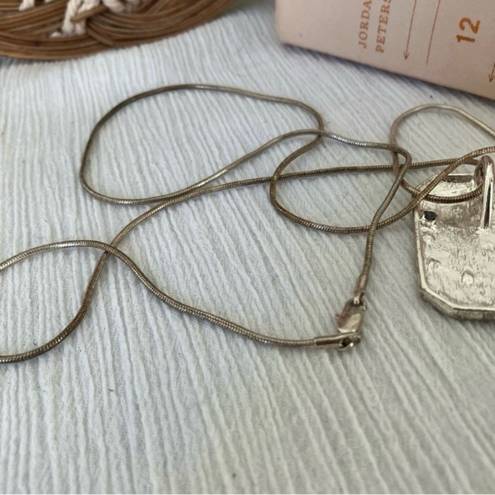 American Vintage Vintage “Jayne” Silver Tone Charm Pendant Necklace Rectangle Scroll Work Metallic Pin