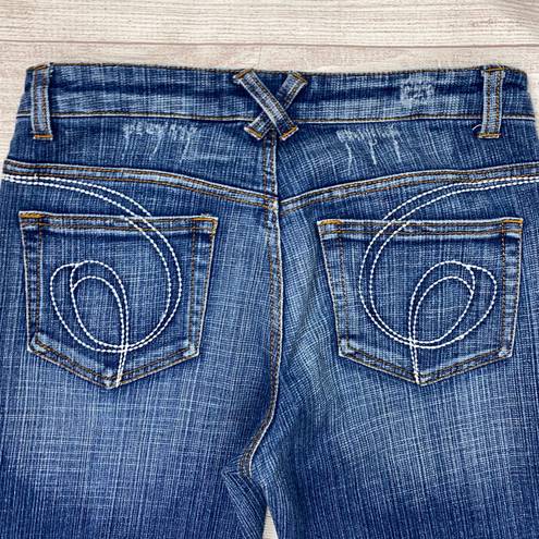 Cache cotton blend lightly distressed flare leg jeans w/embroidery blue sz 6
