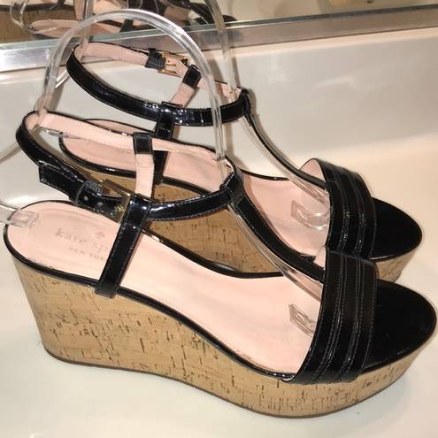 Kate Spade  Women’s Tallinn Black Patent Leather Cork Wedge Sandal Heels