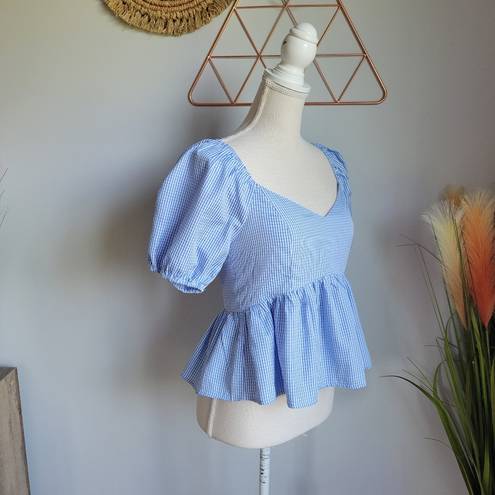 English Factory Nordstrom,  New Blue Gingham Peplum Puff Sleeve Top Size Small