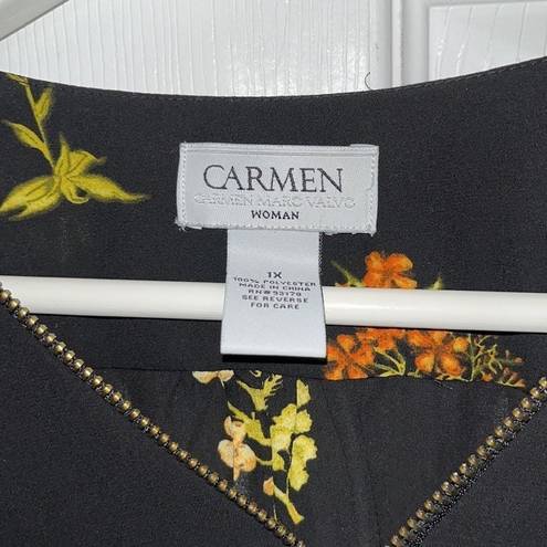 Carmen Marc Valvo Carmen - Black Floral Blouse Silver Zipper - 1X