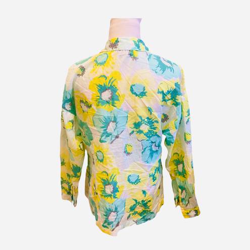 The Loft  Lightweight Semi Sheer Floral Button Down Shirt Blouse Green Yellow XS