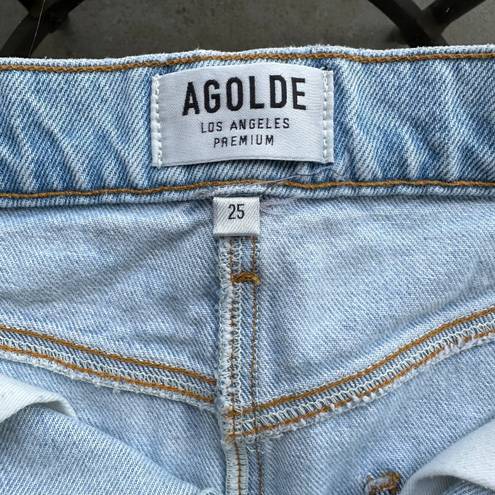 AGOLDE Distressed Denim Quinn High Rise Jean Mini Skirt in Vega Blue - Size 25