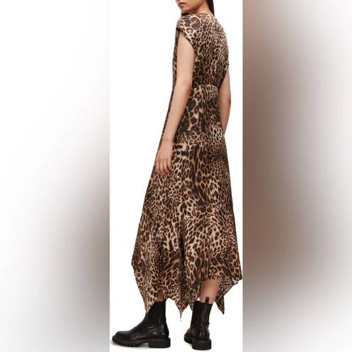 All Saints Gianna Kiku Leopard Animal Print Asymmetric Midi Dress Size 0 New