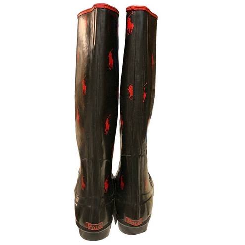 Polo Ralph Lauren Knee-High Rubber Wellies Rainboots Black Red Women, Size 6.5