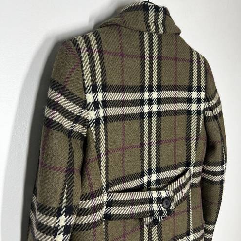 Burberry  Sz 2 Wool Nova Check Button Front Jacket Mid Length Green