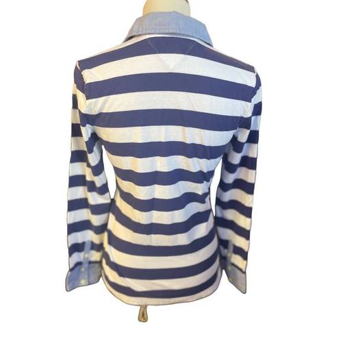 Tommy Hilfiger  Vintage Women's Long Sleeve Blue Stripe Half Buttoned Shirt Size