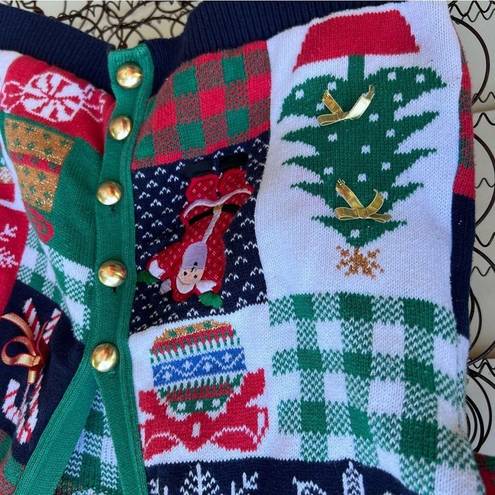 The Loft Y2K Sweater Ugly Christmas Holiday Cardigan Patchwork Americana red green