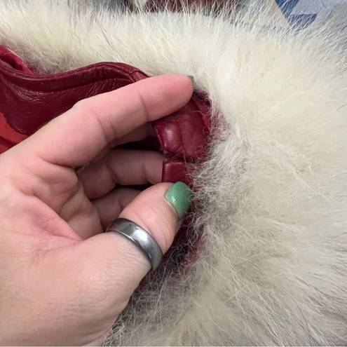 ma*rs Vint 60s 70s Red Leather & Silver Fox Fur Collar  Claus Christmas Trench Coat