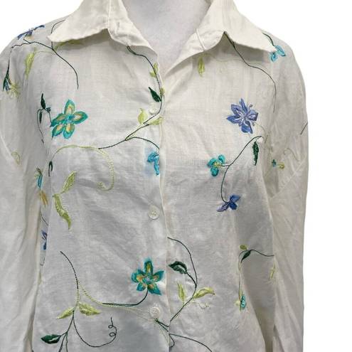 Allison Taylor  100% Linen Embroidered Floral Colorful Button Up Shirt size Large