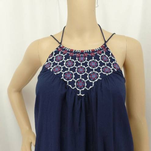 The Loft "" BLUE GEO EMBROIDERED TASSEL TRIM BOHO SWING COASTAL DRESS SZ: M NWT