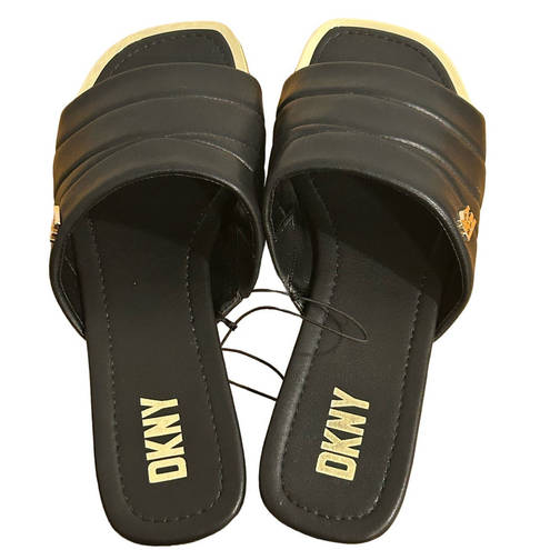 DKNY  Logo Flat Slides Womens Size 9M Black Gold Accents Square Toe Faux Leather