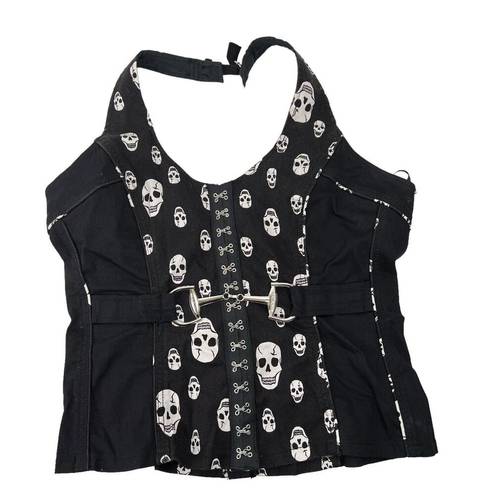 Royal Bones  Sz XXL Halter Top Skull Print Corset Bustier Vtg Horsebit Harness