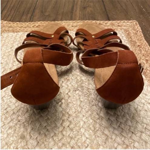 Ralph Lauren  Brown Cognac Suede Leather T-Strap Lydia Wedge Sandals Size 10