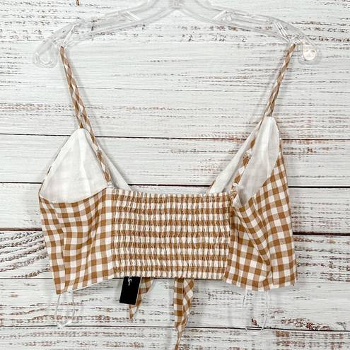 Lulus Lulu’s Midday Muse White and Tan Gingham Tie Front Crop Top, NWT, Size Medium