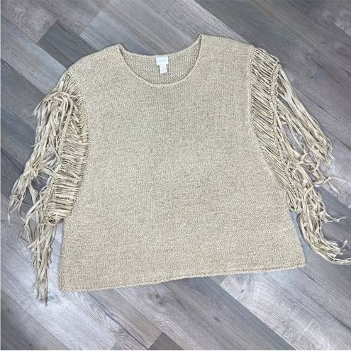 Chico's Chico’s Tarrin Tape Yarn Fringe Poncho Sweater Taupe Tan Large XL