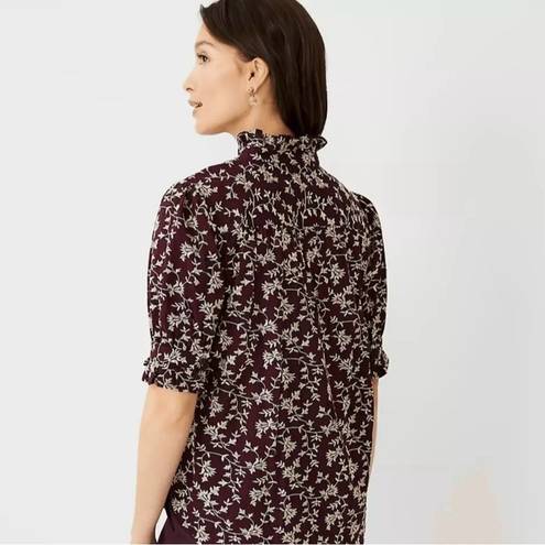 Ann Taylor  NWT Women's Small Maroon Floral Embroidered Blouse Puff Sleeve Ruffle