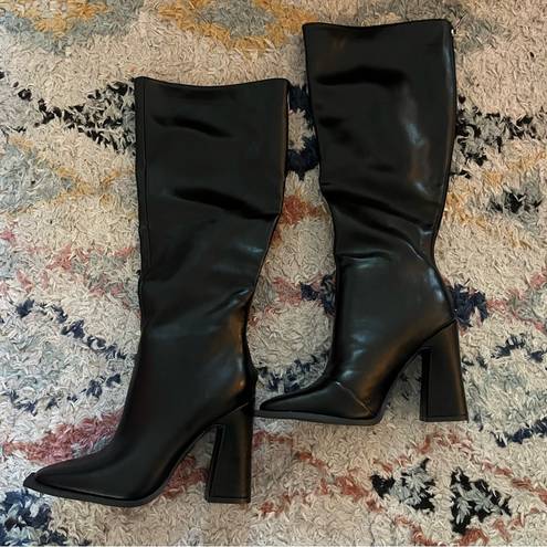 Princess Polly Keely Matte Black Faux Leather Knee High Heeled Boots 7