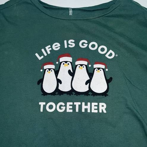 Life is Good  Sleep Shirt Womens Extra Small Christmas Penguins Long Sleeve Green