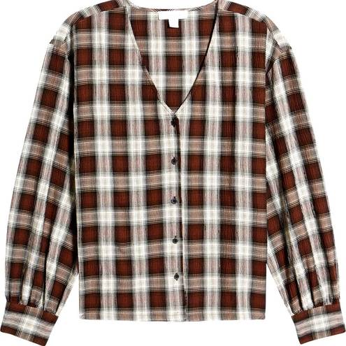 Treasure & Bond  Plaid V Neck Button Up Long Sleeved Red White & Brown Boho Shirt