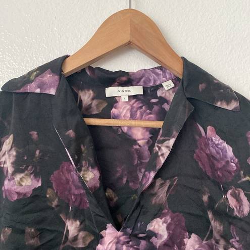  S Vince Silk Floral Long Sleeve Spread Collar Black and Purple Blouse