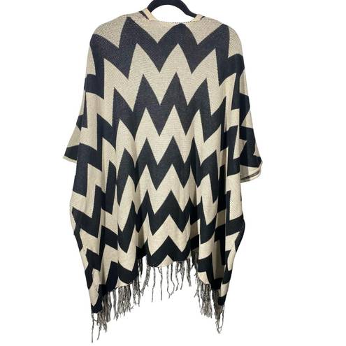 FATE. Chevron Striped Open Front Knit Cardigan Sweater Tassels Cream Black Small