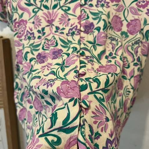 Mango  Purple & Green Botanical Floral Button Front V Neck Blouse XL