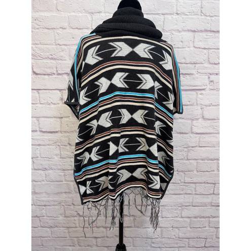 Double Zero  Boho Cowl Neck Poncho Sweater With Fringe Size M Wool Blend