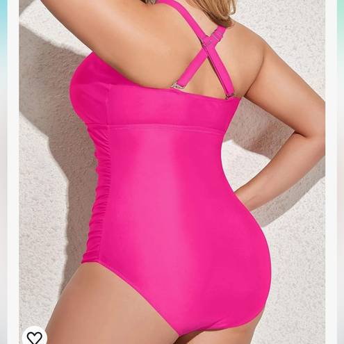 One Piece Yonique Pink Sexy ruched tummy control  bathing swim suit plus 20W