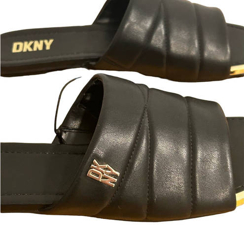 DKNY  Logo Flat Slides Womens Sz 8.5M Black Gold Accents Square Toe Faux Leather