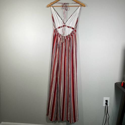 Hommage V-Neck Halter Maxi Sun Dress - Red/Pink Multicolor Stripe - Small