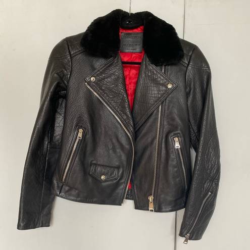 ALLSAINTS  Pataya Lux Black Leather Biker Jacket with Fur Collar