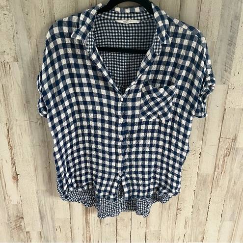 Jane and Delancey  Blue Crinkle Plaid Button Up Short Sleeve Shirt