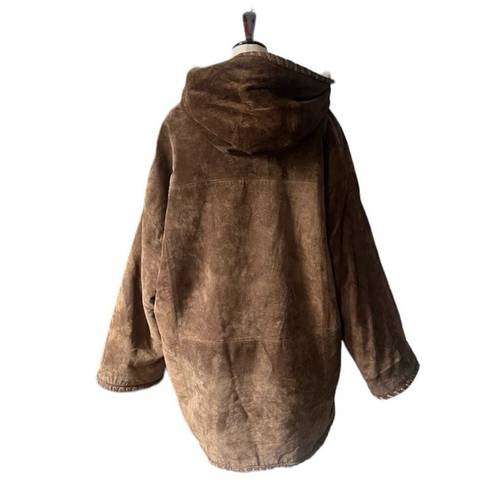 EXPRESS Vintage  Suede Leather Parka Jacket Hooded Faux Fur Lining Oversized OS