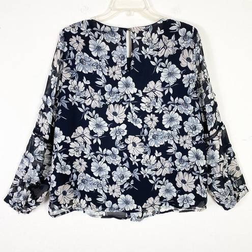 Luna  Project Black & White Floral Long Sleeve Pintucked Blouse Size M