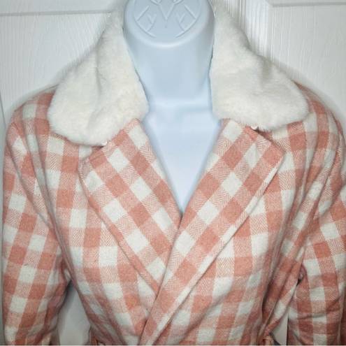 Aura  It's A Look Light Pink Plaid Coat Tie Double Breast Pearl Button M J NWT