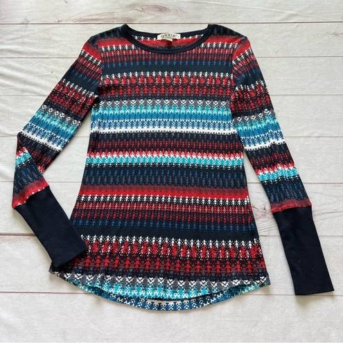 Orvis  Womens Navy Aztec Print Waffle Tee Thermal Top Size M