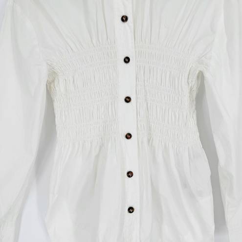 Ganni  Ruched Cotton Poplin Shirt Button Down Long Sleeve White Women's 34 US 4