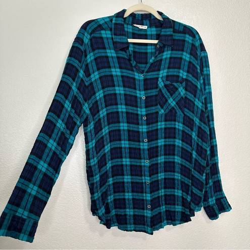 Jane and Delancey  Blue Green Plaid Gauzy Button Down Shirt